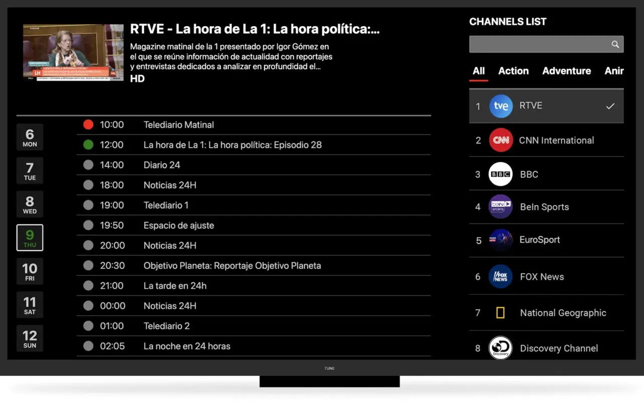 TurboTV IPTV IPTV electronic programme guide (EPG) showing the live TV schedule by channel