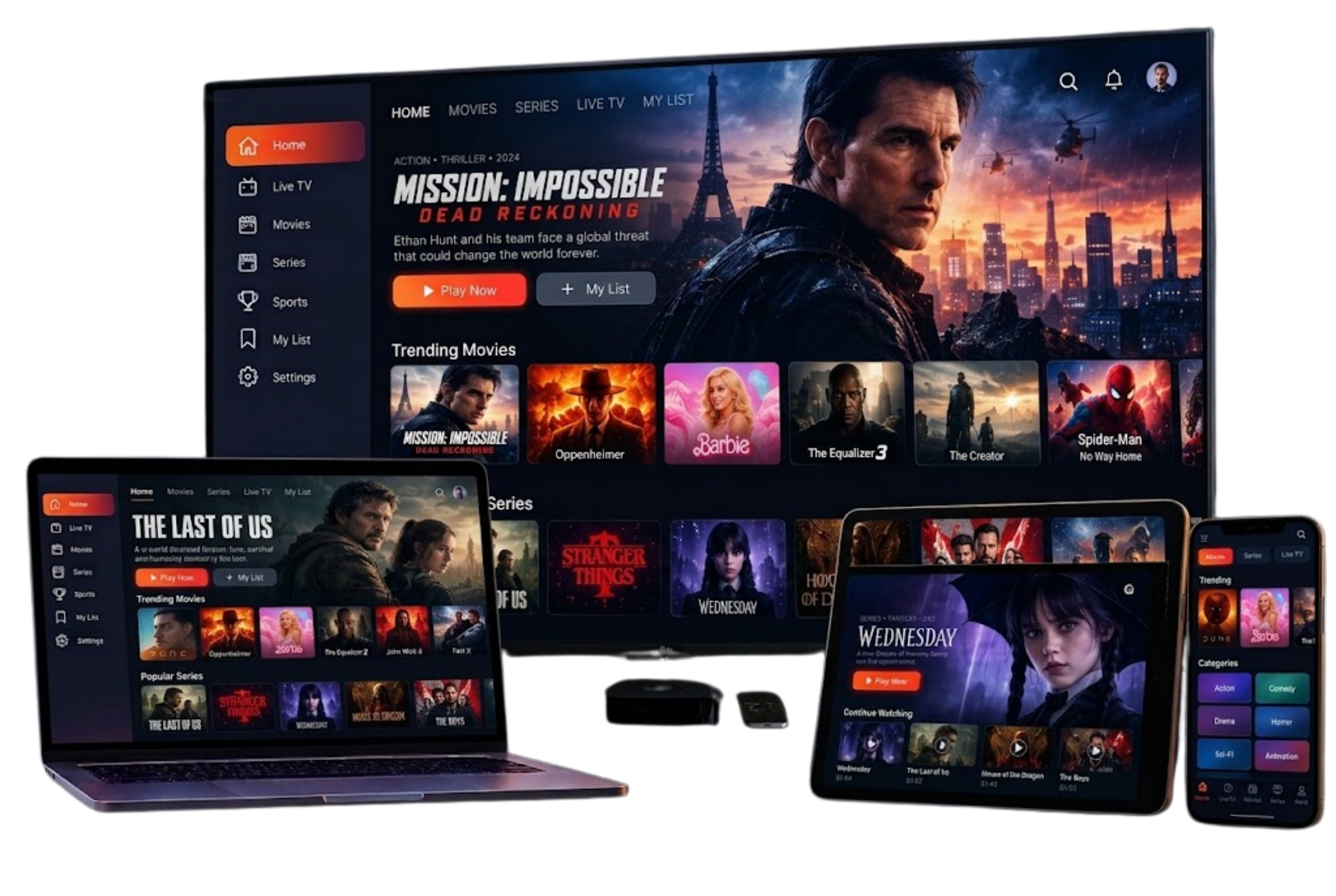 Multi-screen IPTV: TurboTV IPTV playing on a TV, a tablet and a smartphone at the same time