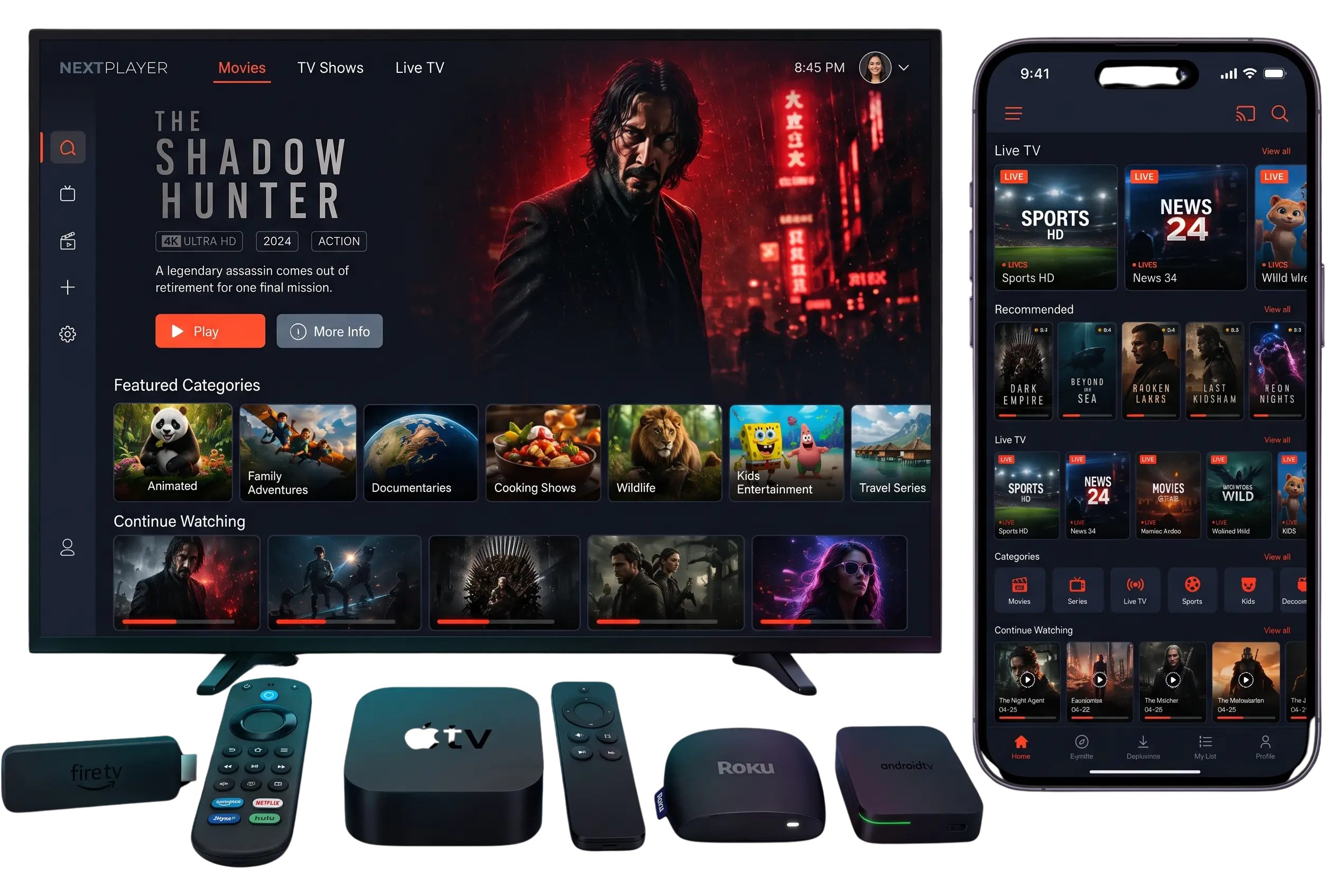 TurboTV IPTV IPTV service on a Smart TV, smartphone, Firestick and streaming boxes, showing movies, series and live TV